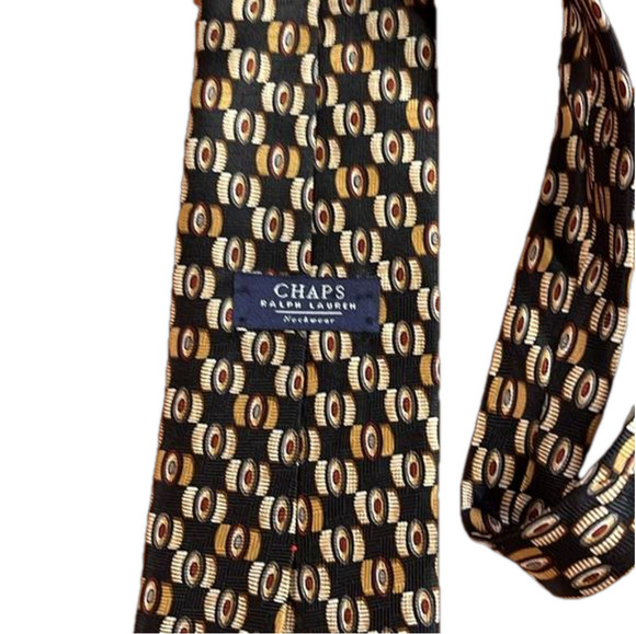 Chaps Ralph Lauren 100% Silk Tie | Black Gold Geometric | 4” x 60” - Picture 2 of 5